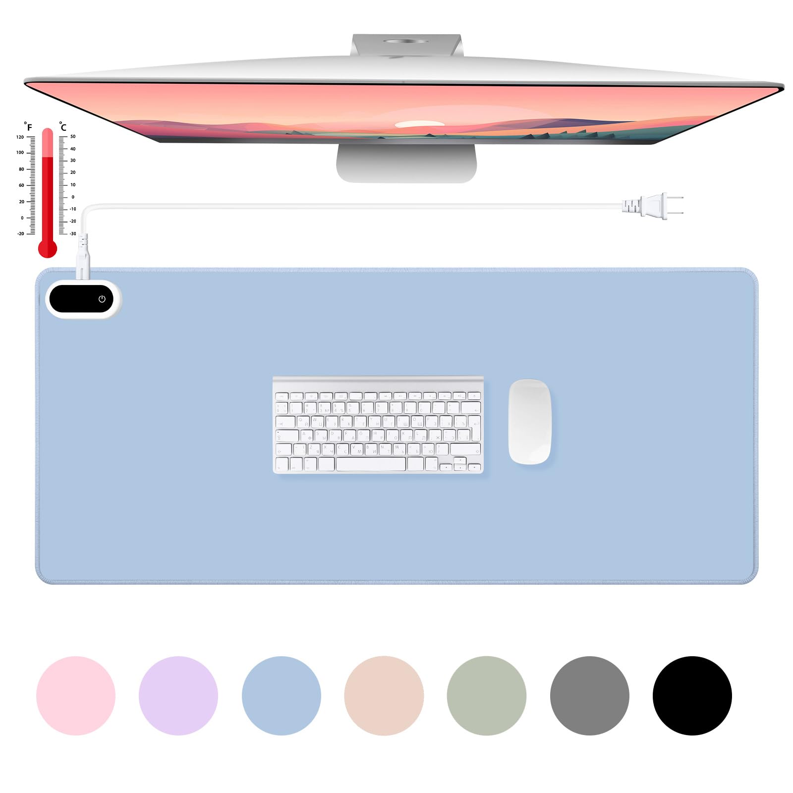 Konohan Heated Large Desk Mat Pu Leather Warm Mouse Pad With 5 Heating Levels & 4 Hour Auto Shut-Off, Gray-Blue Color, 31.5' X